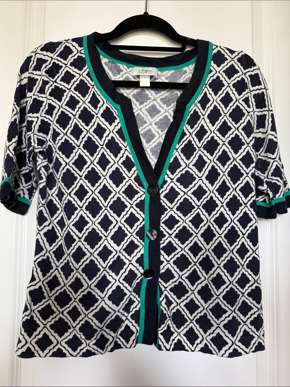 LOFT Navy & White Geometric Button-Front Top with Green Trim